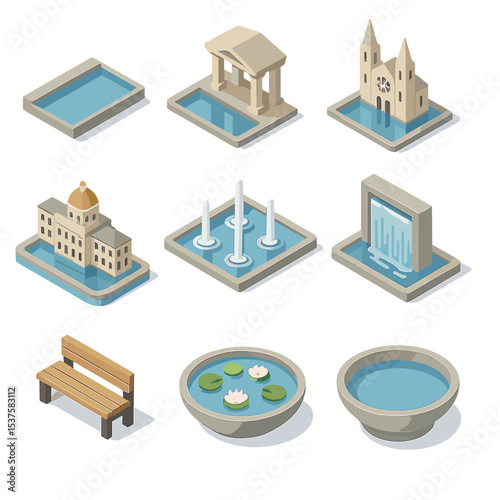 Reflective Pools Icons. Isometric Flat icon set of reflective architecture pools: reflecting pool edge, temple water mirror,