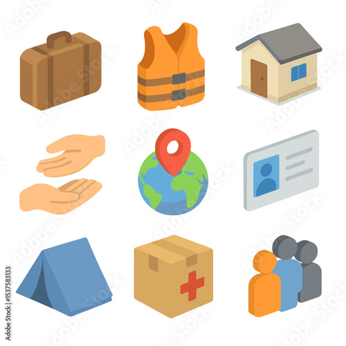 Refugee Support Icon Set. Isometric Flat icon set of Refugee and asylum support: suitcase, life jacket, temporary shelter, helping