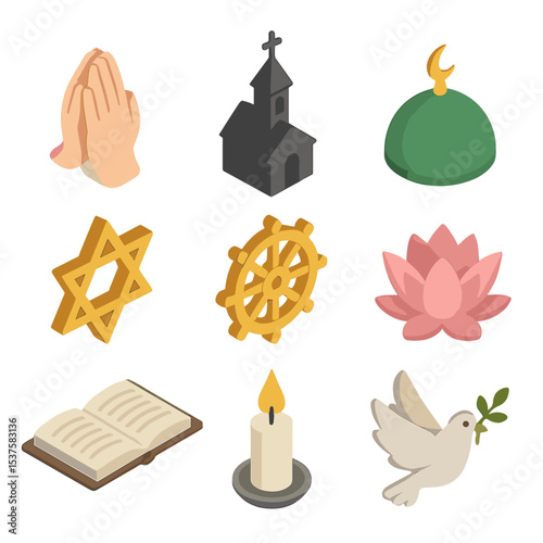 Religious Symbols Grid. Isometric Flat icon set of Freedom of religion: prayer hands, church silhouette, mosque dome, synagogue