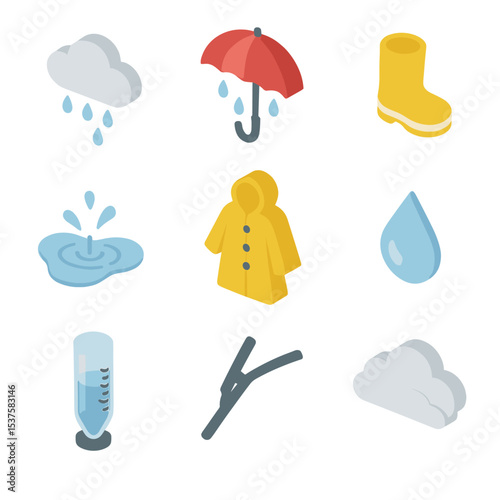 Rain Icon Collection. Isometric Flat icon set of Light Rain Sprinkles: cloud with drizzle, umbrella, rain boot, puddle splash,
