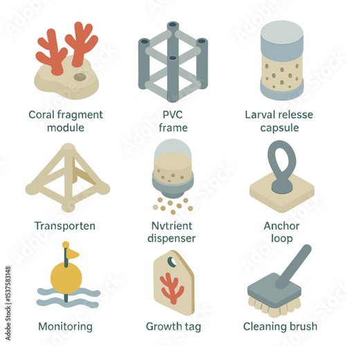 Reef Restoration Tools. Isometric Flat icon set of engineered coral reef foundations: coral fragment module, PVC frame, larval
