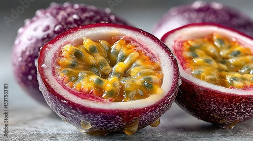   A close-up of a cut-open passion fruit on a table with water droplets inside