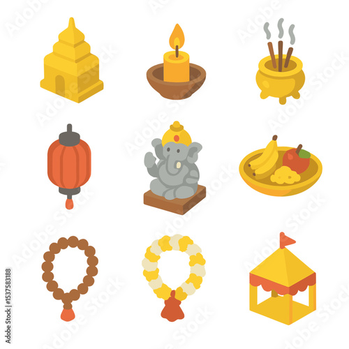 Religious Festival Icons. Isometric Flat icon set of religious festivals: temple silhouette, prayer candle, incense burner,