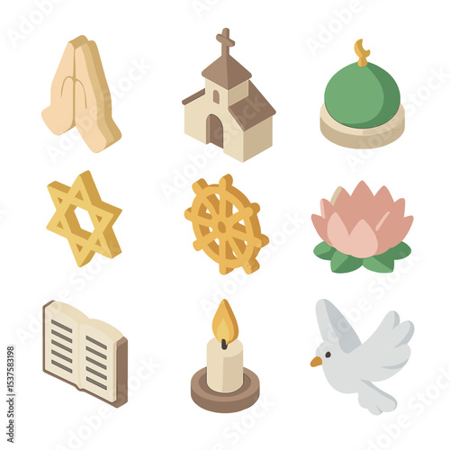 Religious Symbols Grid. Isometric Flat icon set of Freedom of religion: prayer hands, church silhouette, mosque dome, synagogue