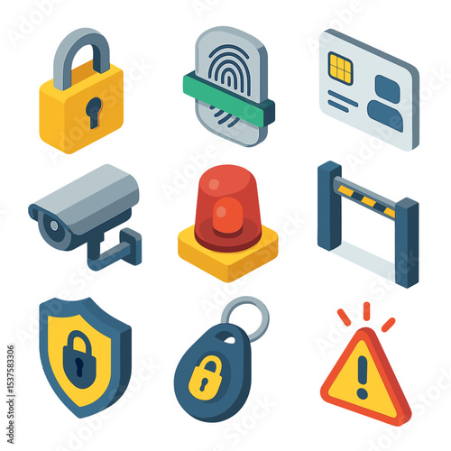 Security Icon Set. Isometric Flat icon set of Fleet Security and Access Control: padlock, fingerprint scanner, access card, CCTV