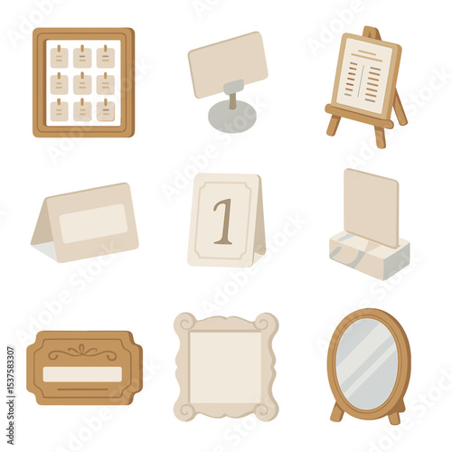 Seating Arrangement Icons. Isometric Flat icon set of seating arrangement displays: escort card frame, place card stand, seating