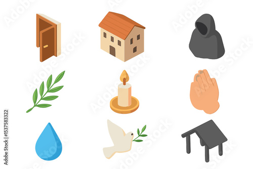 Shelter Icon Set. Isometric Flat icon set of Shelter for the Persecuted: open door, inn, hidden cloak, olive branch, candle, hands