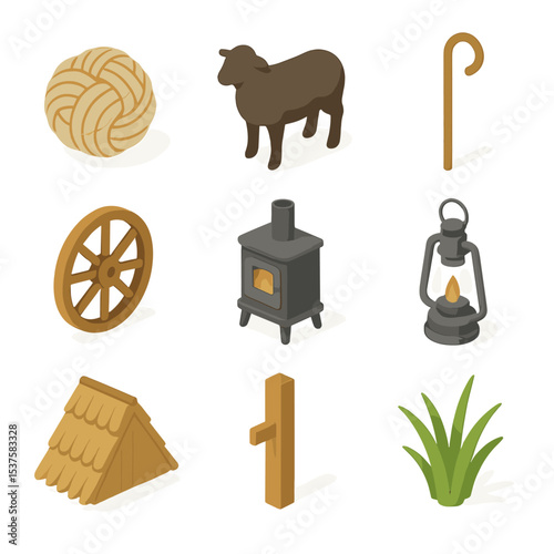 Shepherd's Hut Icons. Isometric Flat icon set of Shepherd’s hut: wool bundle, sheep silhouette, shepherd’s staff, wooden wheel,