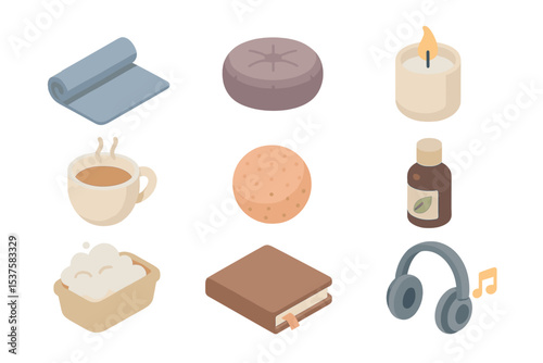 Self-Care Icons Set. Isometric Flat icon set of Stress relief and self-care: yoga mat, meditation cushion, scented candle, tea cup