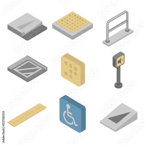 Sidewalk Accessibility Icons. Isometric Flat icon set of Sidewalk accessibility features: curb cut ramp, tactile tiles, handrail,
