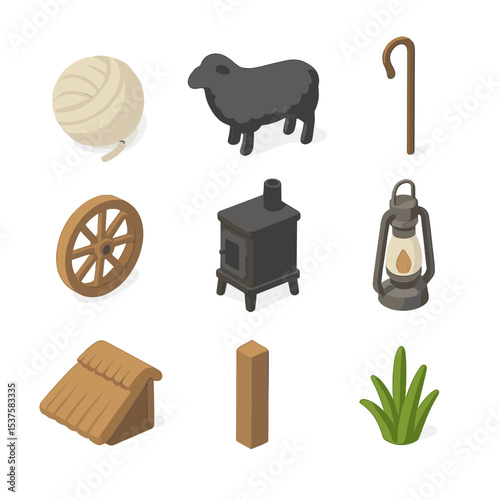 Shepherd's Hut Icons. Isometric Flat icon set of Shepherd’s hut: wool bundle, sheep silhouette, shepherd’s staff, wooden wheel,