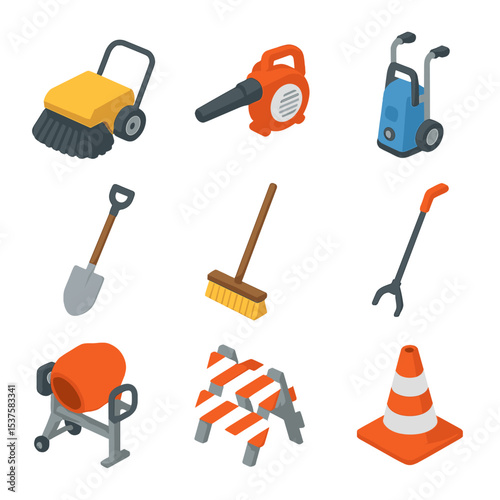 Sidewalk Equipment Icons. Isometric Flat icon set of Sidewalk maintenance equipment: street sweeper brush, leaf blower, pressure