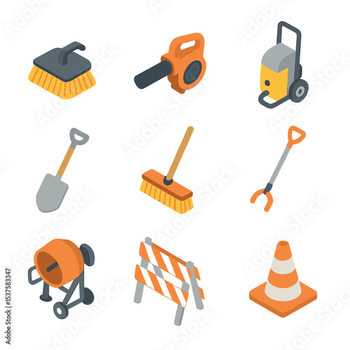 Sidewalk Equipment Icons. Isometric Flat icon set of Sidewalk maintenance equipment: street sweeper brush, leaf blower, pressure
