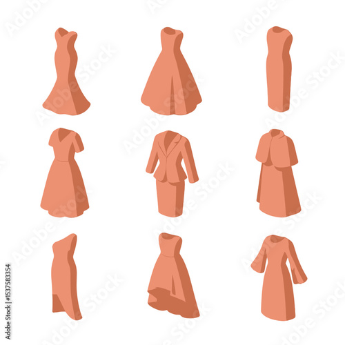 Signature Couture Icons. Isometric Flat icon set of signature couture silhouettes: mermaid gown, ball gown, sheath dress,