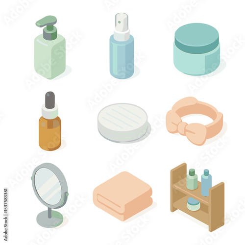 Skincare Routine Icons. Isometric Flat icon set of Skincare routine moments: cleanser bottle, facial toner spray, moisturizer jar,