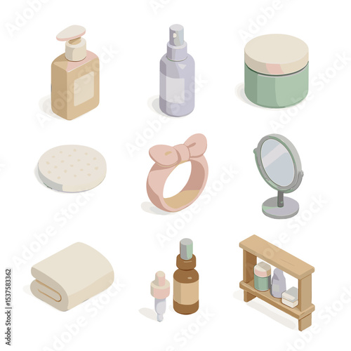 Skincare Routine Icons. Isometric Flat icon set of Skincare routine moments: cleanser bottle, facial toner spray, moisturizer jar,