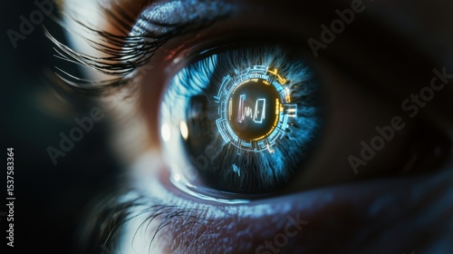 A detailed close-up of a human eye with a digital display of vital signs reflected in the pupil, set against a dark, clean background