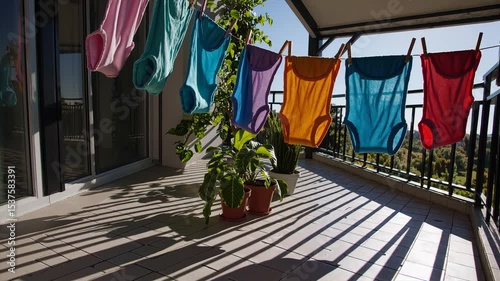 Colorful cloth diapers drying on sunny balcony clothesline, eco parenting