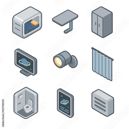 Space Hotel Icon Set. Isometric Flat icon set of Space hotel cabin and amenities: sleeping pod, foldable table, storage locker,