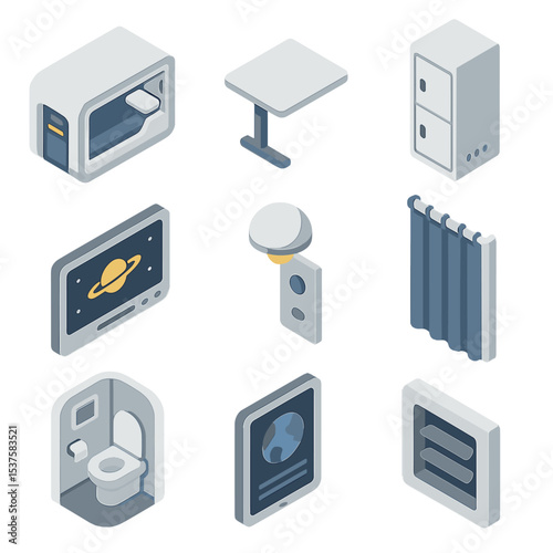 Space Hotel Icon Set. Isometric Flat icon set of Space hotel cabin and amenities: sleeping pod, foldable table, storage locker,