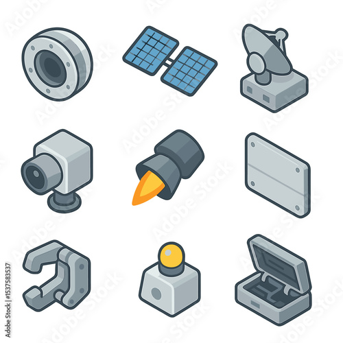 Isometric Spacecraft Icon Set. Isometric Flat icon set of Spacecraft exterior and docking: docking port, solar panel, antenna