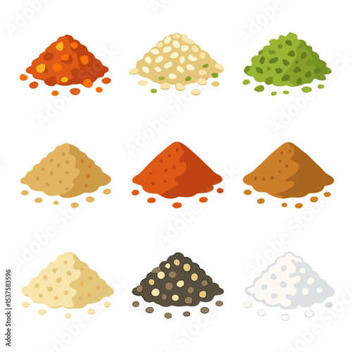 Spice Garnish Icons. Isometric Flat icon set of Spice Garnish Sprinkles: chili flakes, sesame seeds, minced herbs, nutmeg dust,