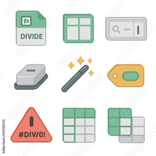 Spreadsheet Icon Set. Isometric Flat icon set of spreadsheet division functions: DIVIDE function icon, cell reference box, formula