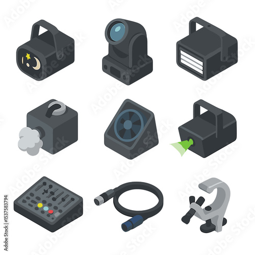 Stage Lighting Icons. Isometric Flat icon set of Stage Effect Lighting: gobos, moving head, strobe light, smoke machine, haze fan,