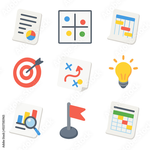 Startup Planning Icons. Isometric Flat icon set of startup business planning: business plan document, SWOT analysis chart, Gantt