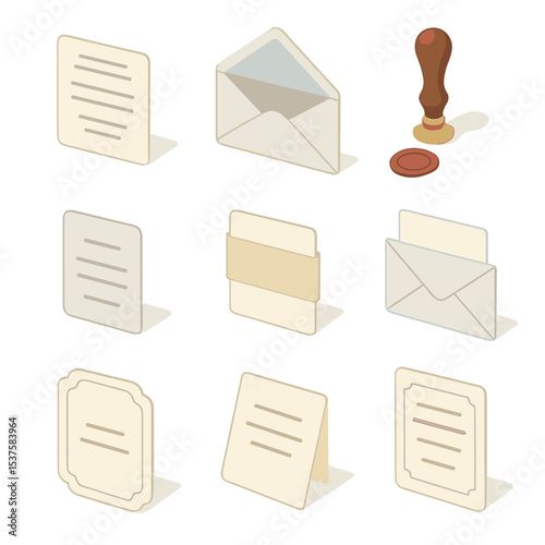 Stationery Icon Set. Isometric Flat icon set of stationery and invitations: invitation card, RSVP card, envelope liner, wax seal,