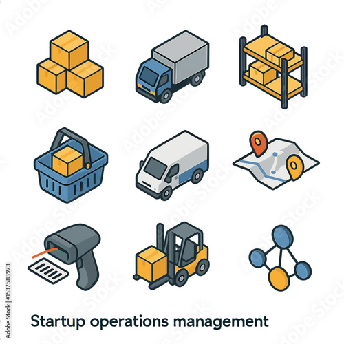 Startup Operations Icons. Isometric Flat icon set of startup operations management: inventory box stack, supply chain truck,