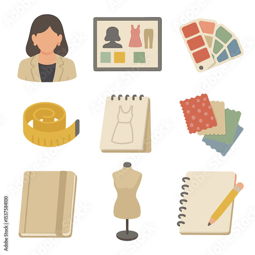 Styling Consultation Icons. Isometric Flat icon set of Personal styling consultation: stylist avatar, mood board, color swatches,
