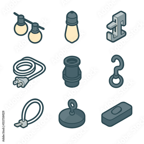 String Lights Icons. Isometric Flat icon set of String and Festoon Lights: globe bulb string, vintage bulb, connector clip,