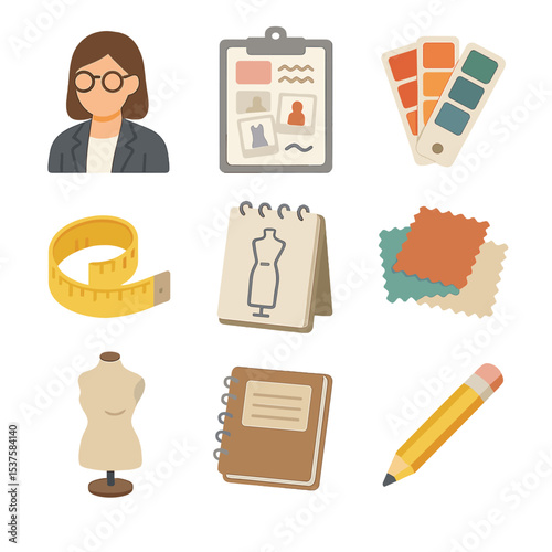 Styling Consultation Icons. Isometric Flat icon set of Personal styling consultation: stylist avatar, mood board, color swatches,