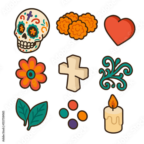 Sugar Skull Icons. Isometric Flat icon set of sugar skull decorations: ornate sugar skull, marigold crown, heart cheek, floral eye
