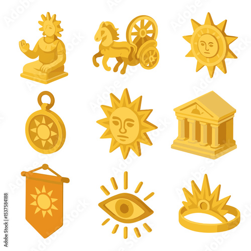 Sun Worship Icons. Isometric Flat icon set of sun worship and mythology: solar god statue, sun chariot, sun wheel emblem, sun