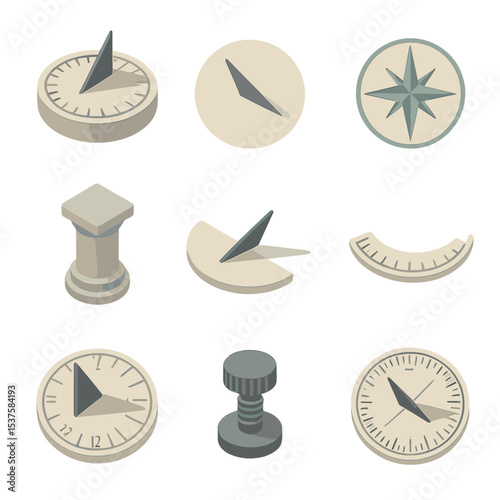 Sundial Icon Set. Isometric Flat icon set of sundial and time measurement: stone sundial, gnomon shadow, hour marker, compass rose