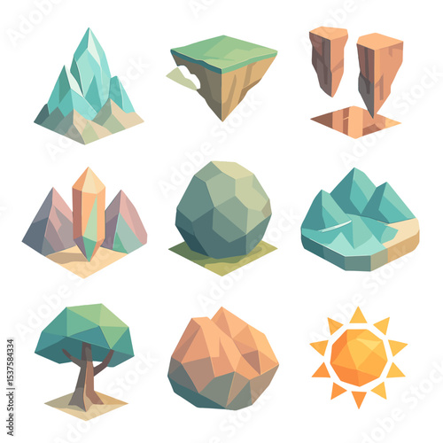 Surreal Mountain Icons. Isometric Flat icon set of surreal mountain landscapes: crystal peak, floating plateau, mirrored cliff,