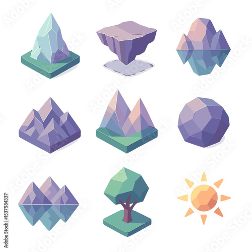 Surreal Mountain Icons. Isometric Flat icon set of surreal mountain landscapes: crystal peak, floating plateau, mirrored cliff,