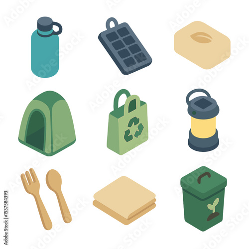 Sustainable Camping Icons. Isometric Flat icon set of sustainable camping practices: reusable water bottle, solar charger,