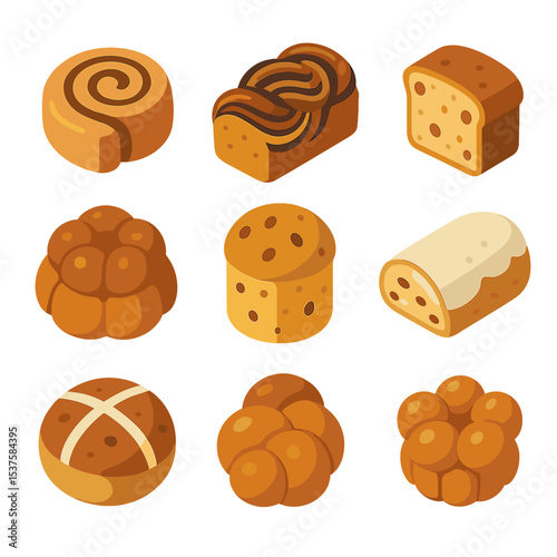 Sweet Bread Icons. Isometric Flat icon set of sweet and enriched breads: cinnamon roll, babka braid, banana bread slice, monkey