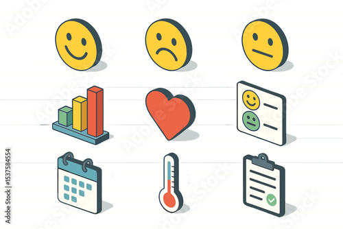 Team Mood Icons. Isometric Flat icon set of Team Mood Tracking: smiley face, sad face, neutral face, bar chart, heart, emoji chart