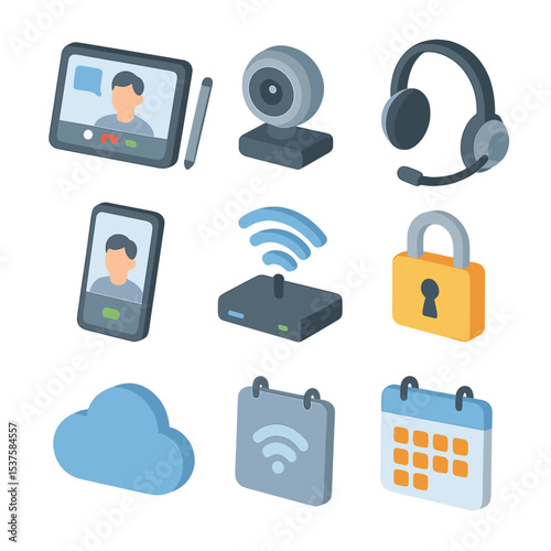 Teletherapy Equipment Icons. Isometric Flat icon set of Teletherapy Session Equipment: tablet device, stylus pen, webcam, headset,