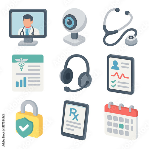 Telemedicine Icon Set. Isometric Flat icon set of telemedicine consultations: video call screen, webcam, stethoscope attachment,