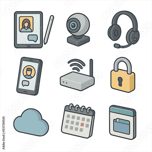 Teletherapy Equipment Icons. Isometric Flat icon set of Teletherapy Session Equipment: tablet device, stylus pen, webcam, headset,
