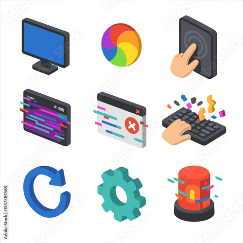 Tech Glitch Icon Set. Isometric Flat icon set of technology glitch frustration: blue screen monitor, spinning beach ball,