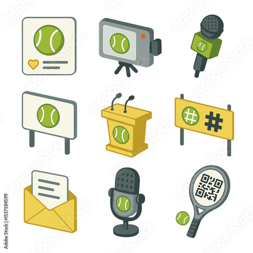 Tennis Communication Icons. Isometric Flat icon set of tennis networking and communication: social media post, live stream camera,