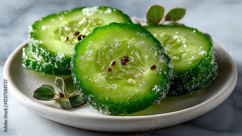  A plate of green cucumber slices, sprinkled with sugar and colorful sprinkles, for a refreshing and sweet
