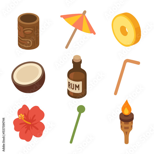 Tropical Party Drink Icons. Isometric Flat icon set of Tropical party drinks: tiki mug, umbrella pick, pineapple slice, coconut