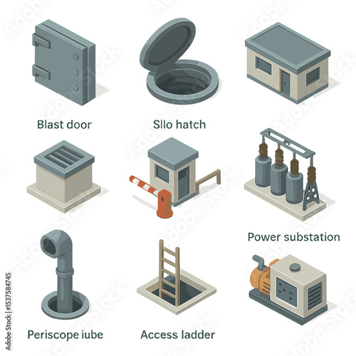 Underground Missile Silo Icons. Isometric Flat icon set of underground missile silo complex: blast door, silo hatch, control